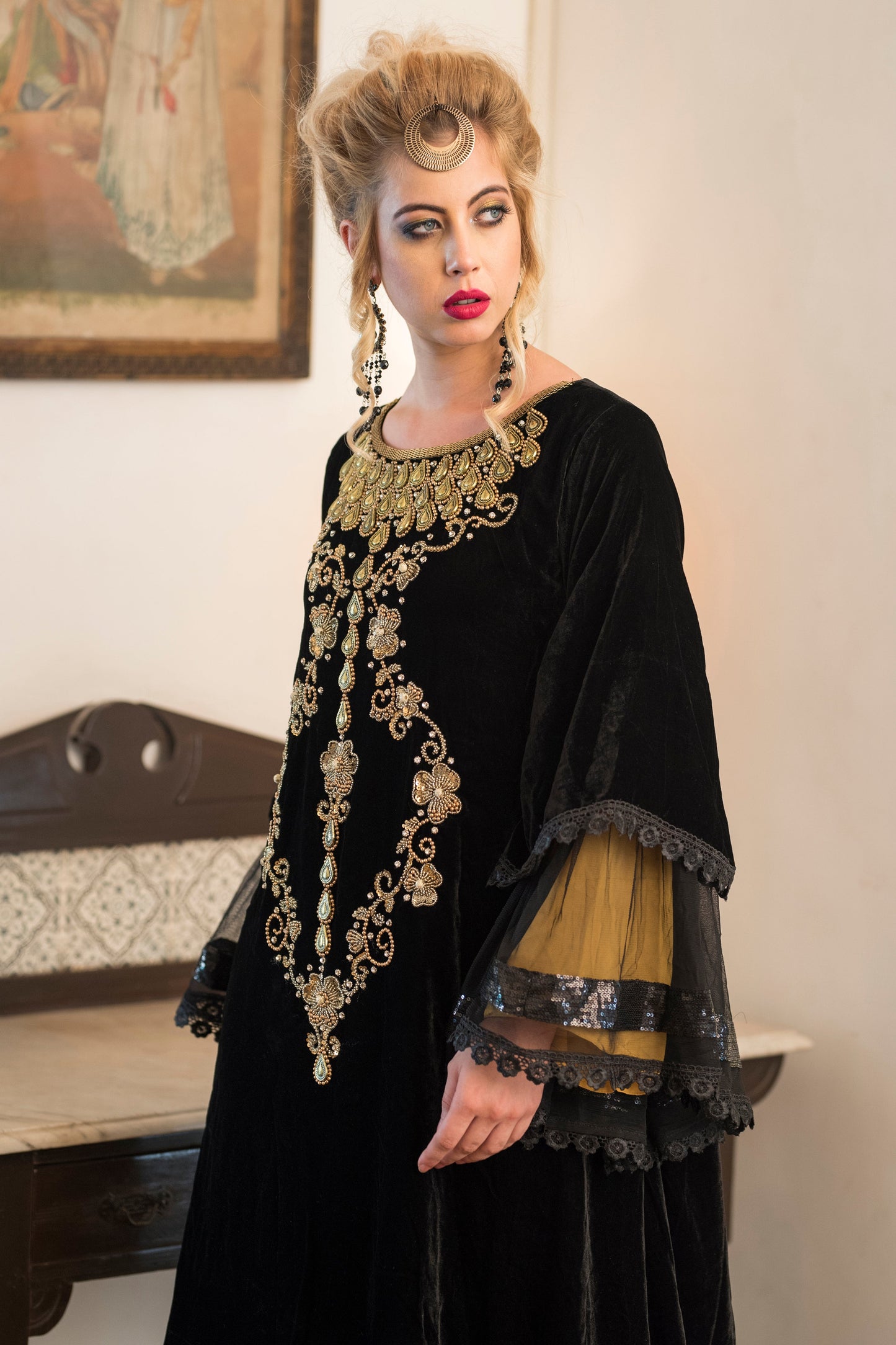 Black and Yellow Velvet Kaftan