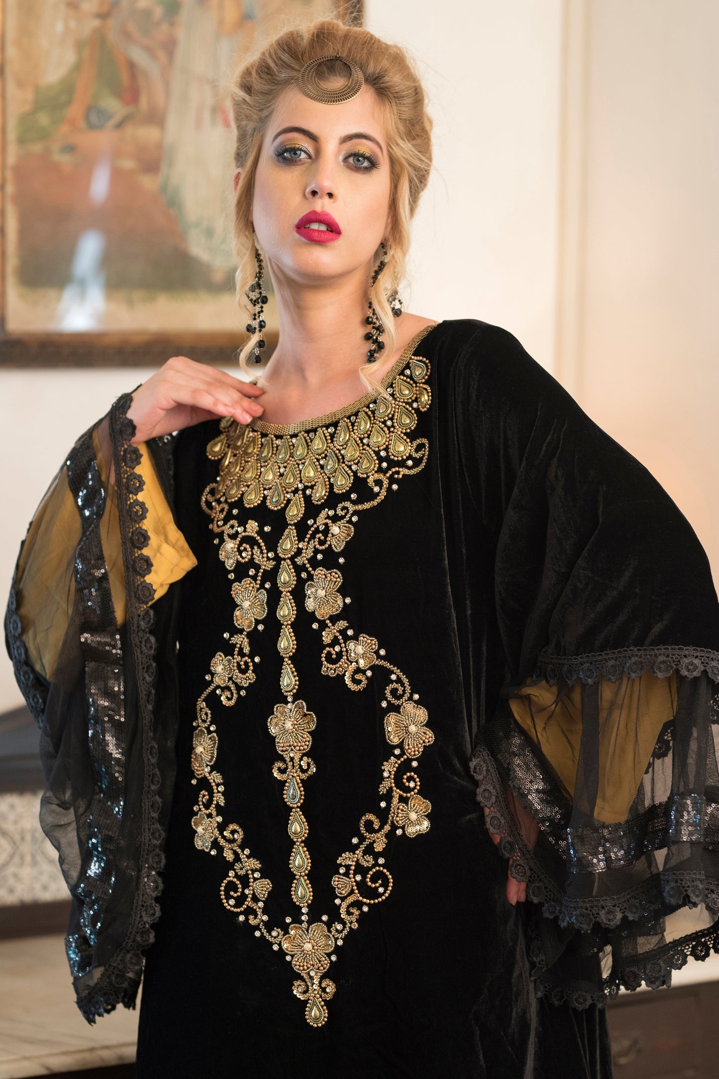 Black and Yellow Velvet Kaftan