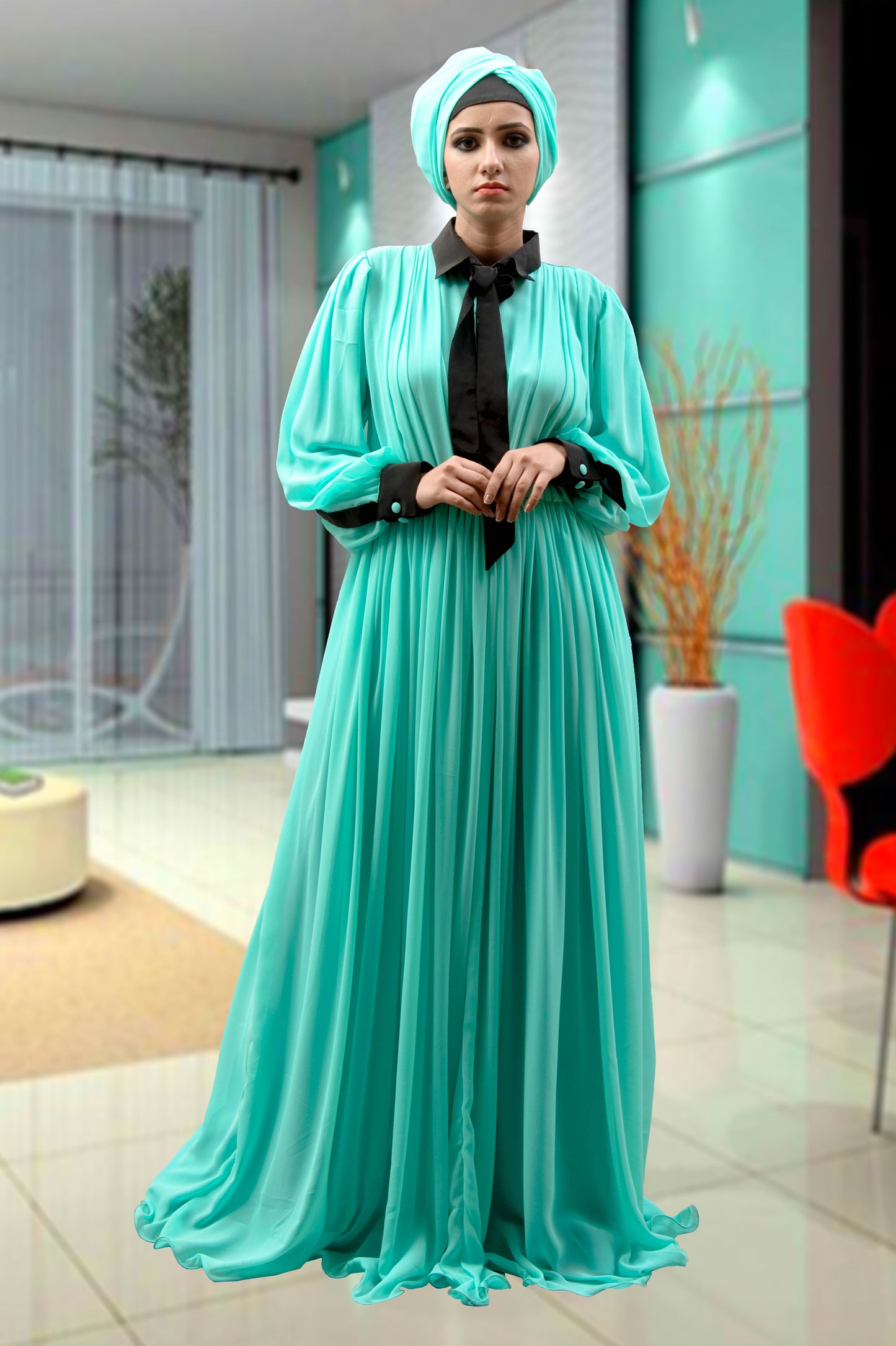 Mint Green Color Maxi Dress Abaya