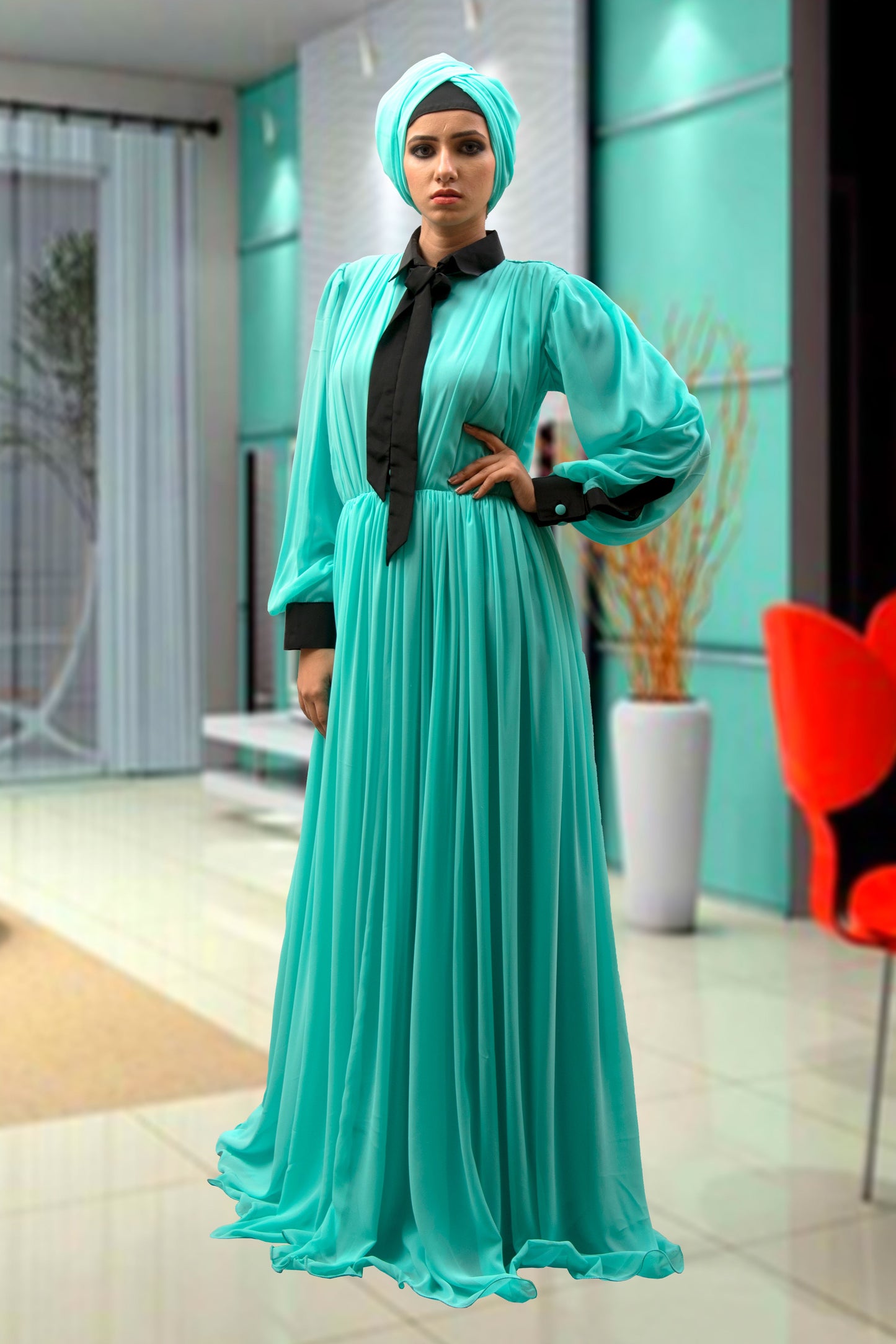 Mint Green Color Maxi Dress Abaya