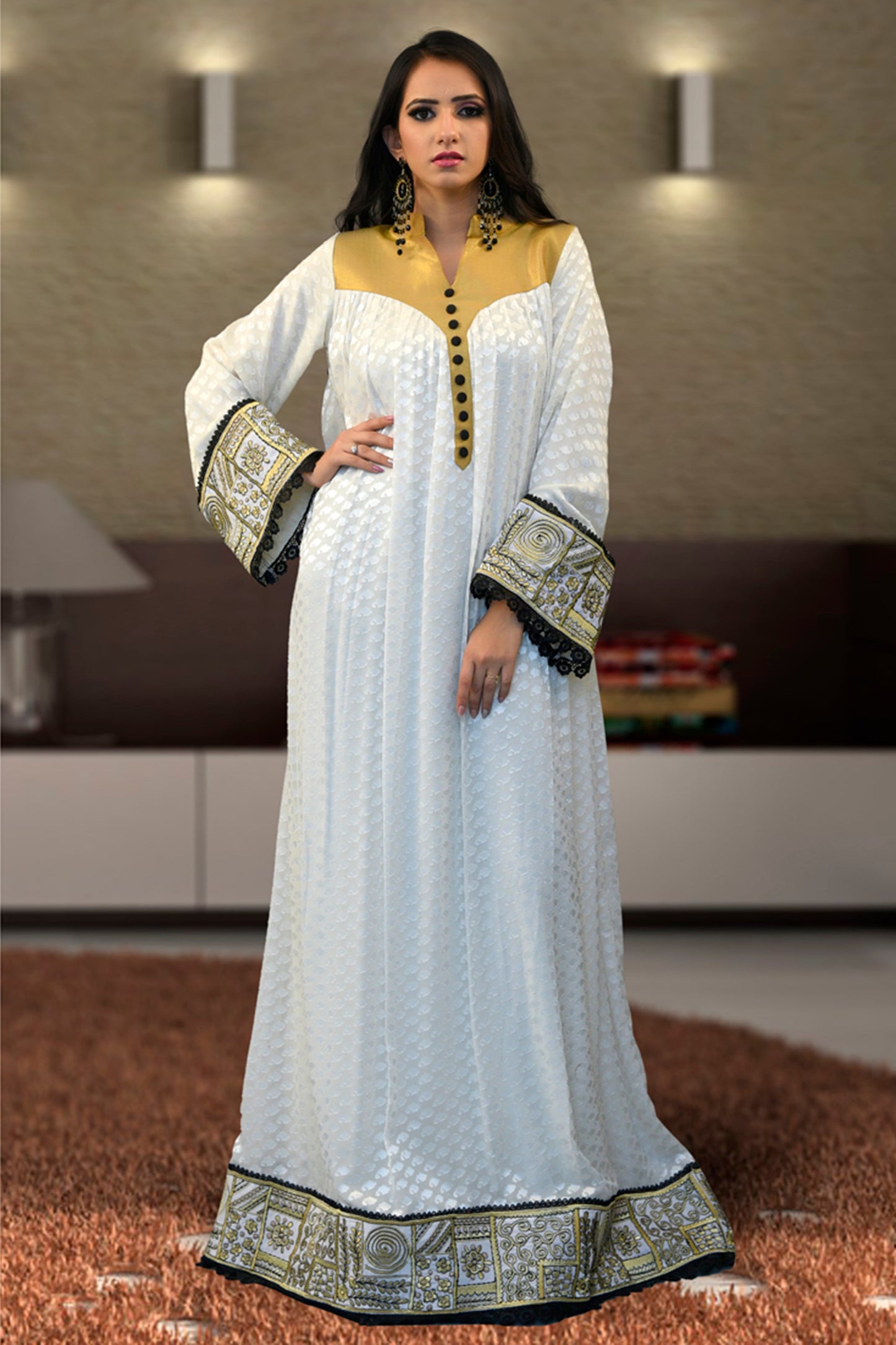 Off White Color Thread Work Abaya