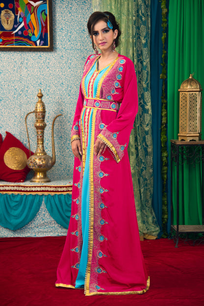 Pink and Aqua Blue Color Takchita Kaftan