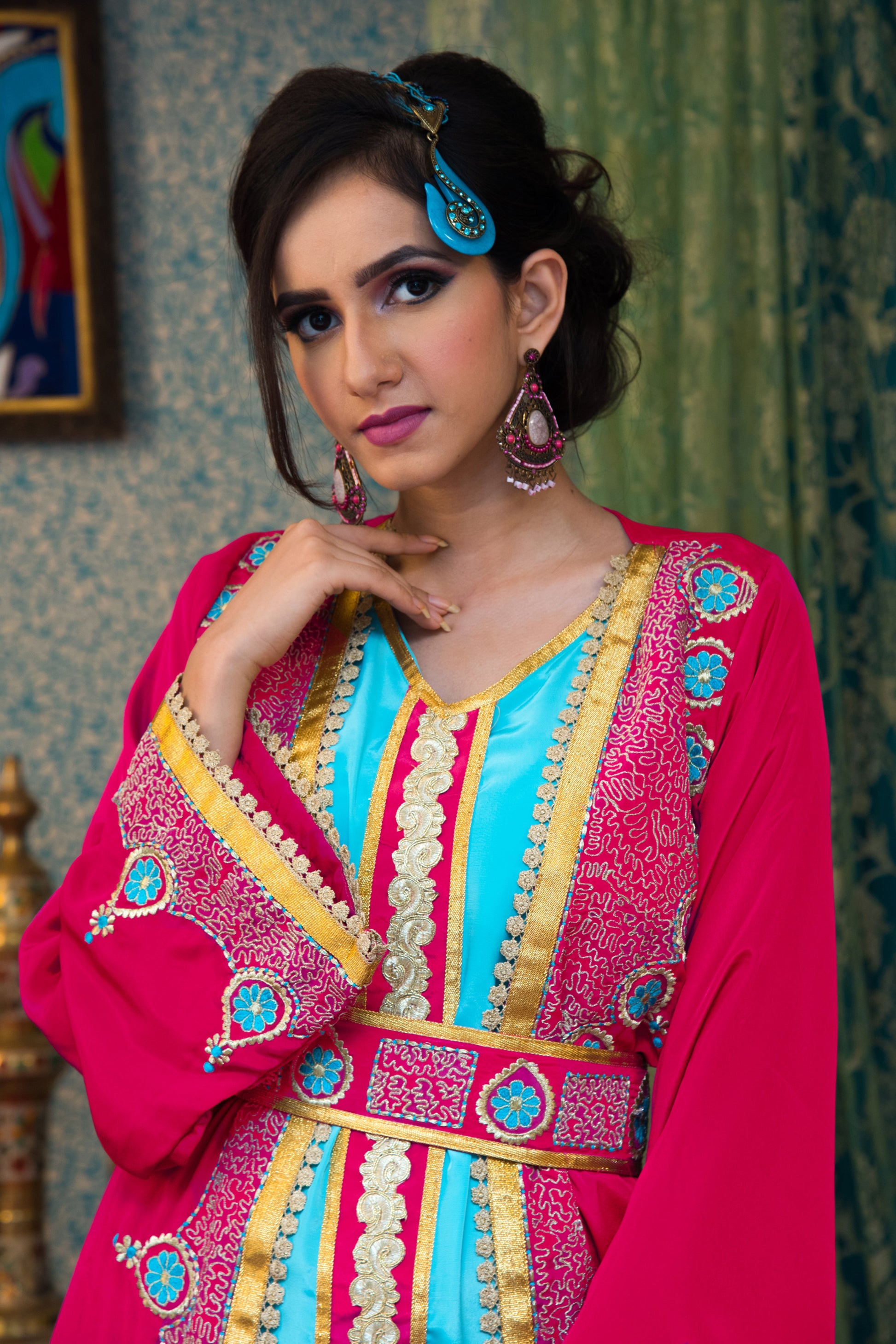 Pink and Aqua Blue Color Takchita Kaftan