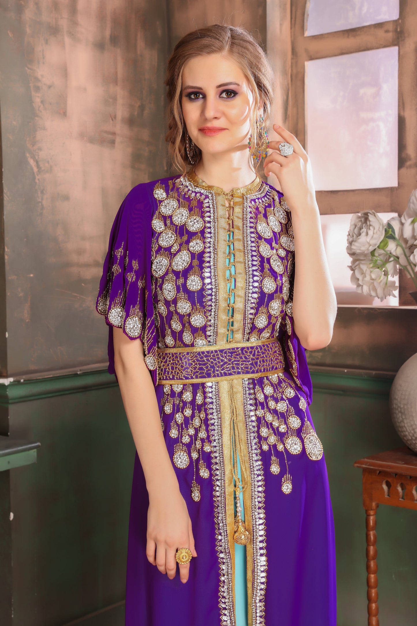 Purple and Blue Color Israeli Kaftan