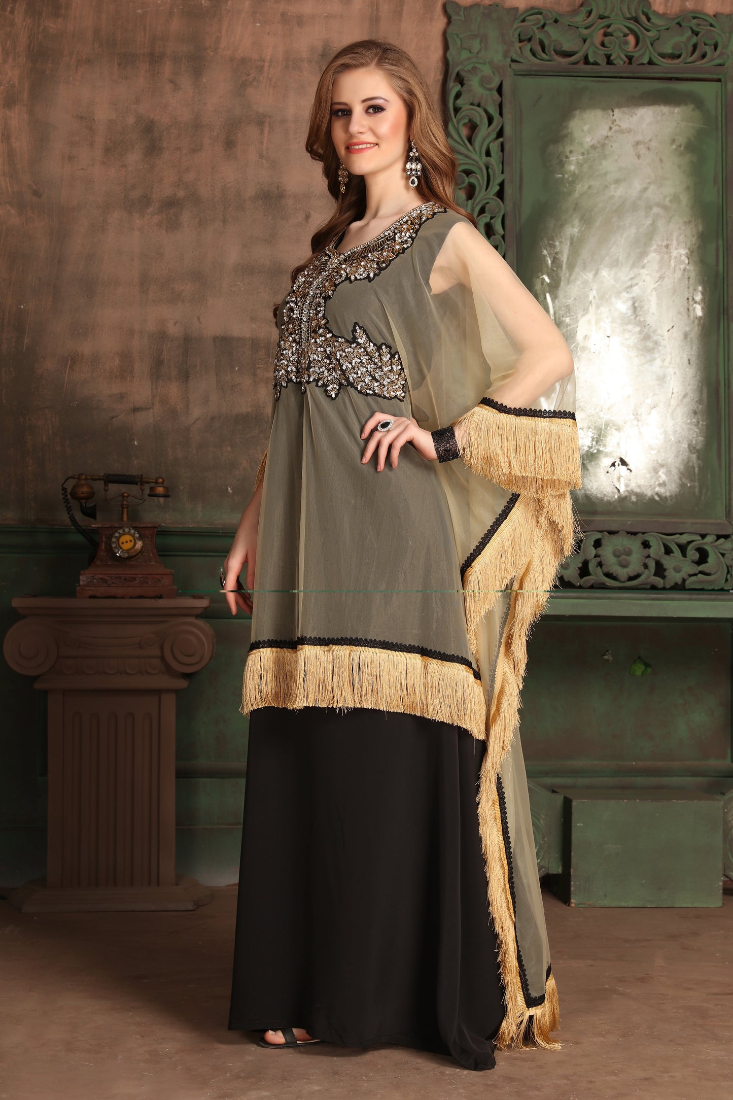 Black and Beige Kaftan For Designer