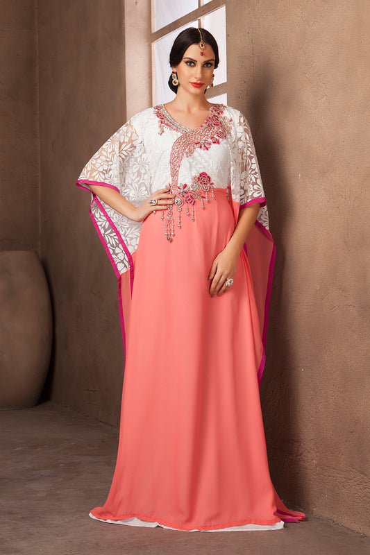 White and Peach Color Saudi Arabic Style Kaftan